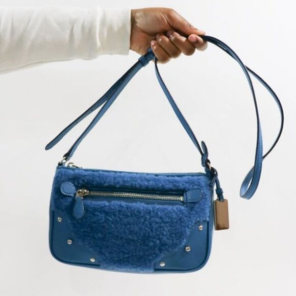 Coach Small Rhyder Prochette in Shearling and Leather Blue Crossbody Bag - Picture 1 of 16